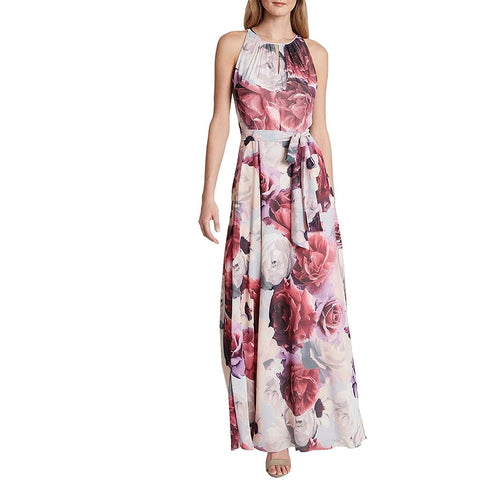 Vestido floral largo de cuello fruncido sin mangas